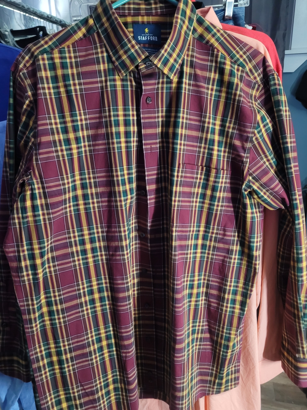 Stafford Burgundy Plaid Button-Down Shirt with Yellow & Green Accents